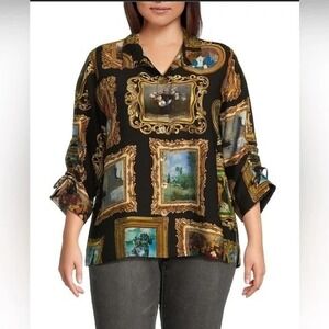 NWT $109 John Mark Printed Wire Collar Cinch Tie Sleeve Button Front Top Size 1X